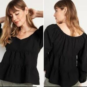 OLD NAVY Seersucker Long Sleeve Tiered Swing Top Black Size XS Peplum Babydoll